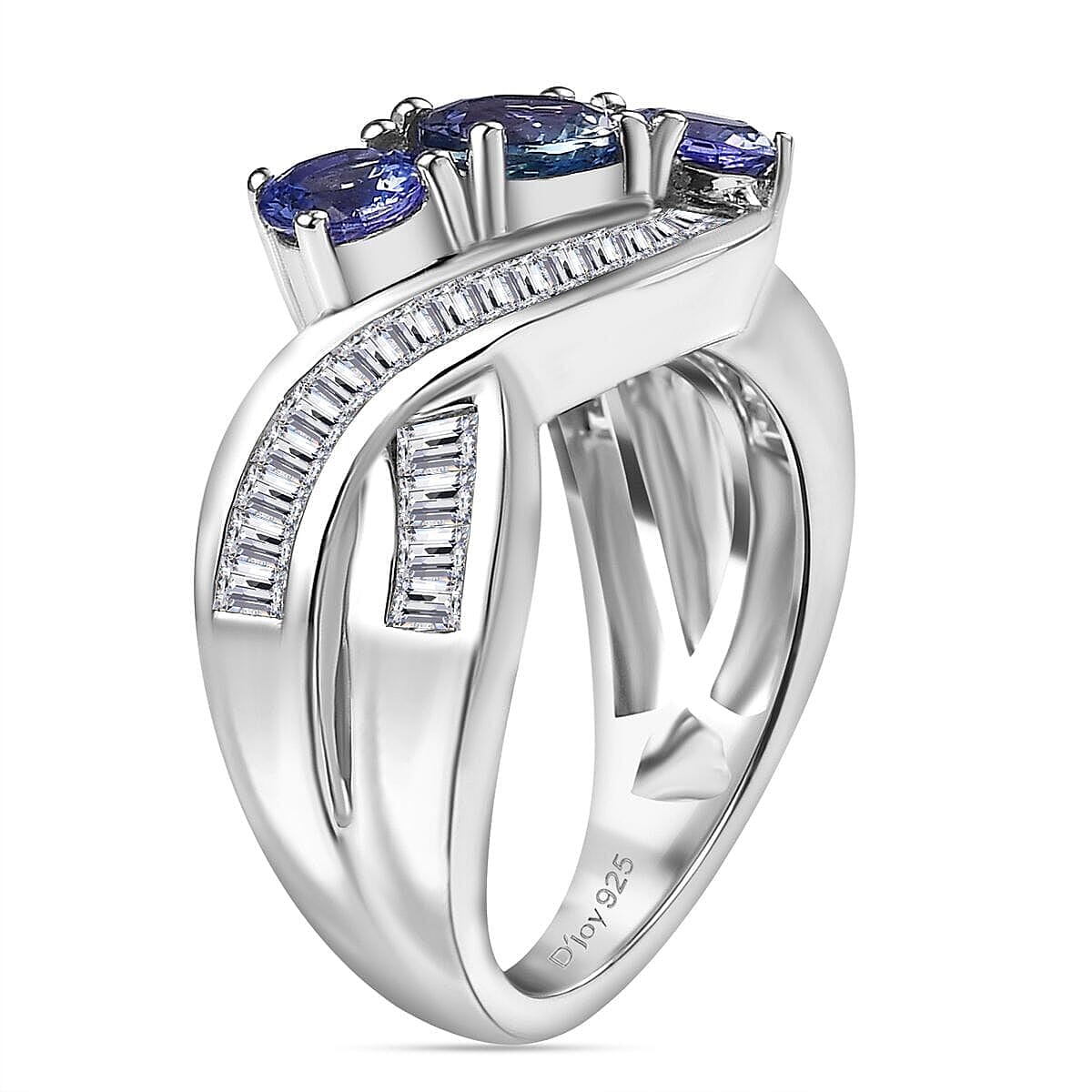 Peacock Tanzanite, White Zircon Fluid Wave Ring in Rhodium Over Sterling Silver (Size 10.0) 2.70 ctw image number 3
