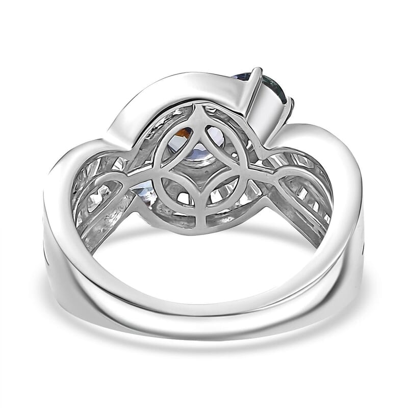 Peacock Tanzanite, White Zircon Fluid Wave Ring in Rhodium Over Sterling Silver (Size 10.0) 2.70 ctw