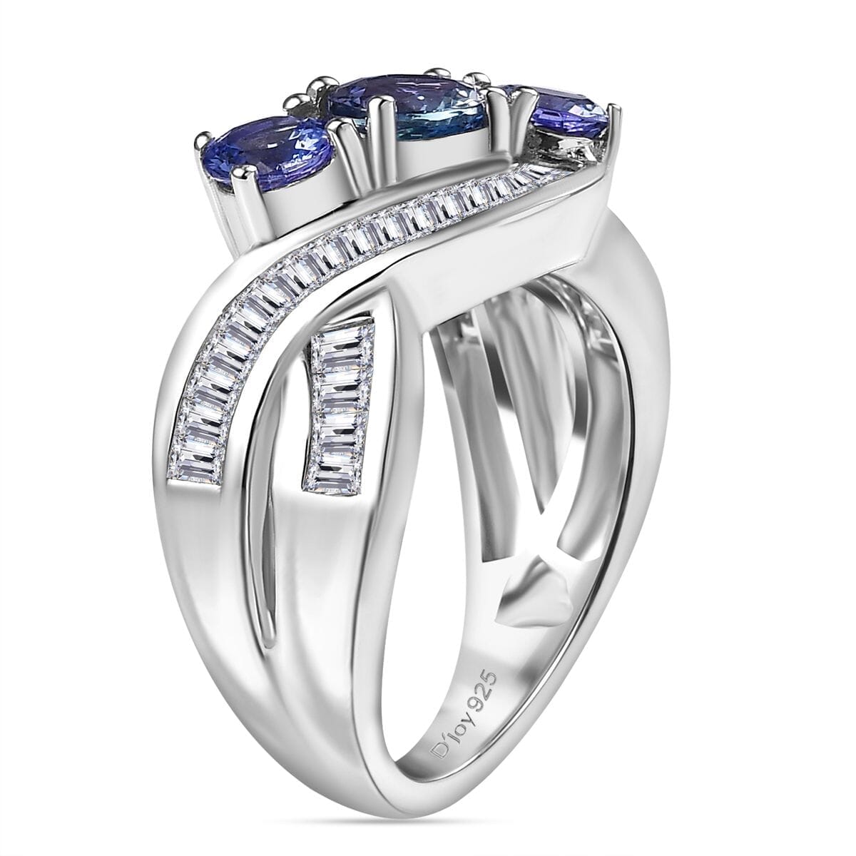 D'Joy Peacock Tanzanite and White Zircon 2.70 ctw Fluid Wave Ring in Rhodium Over Sterling Silver (Size 6.0) image number 3