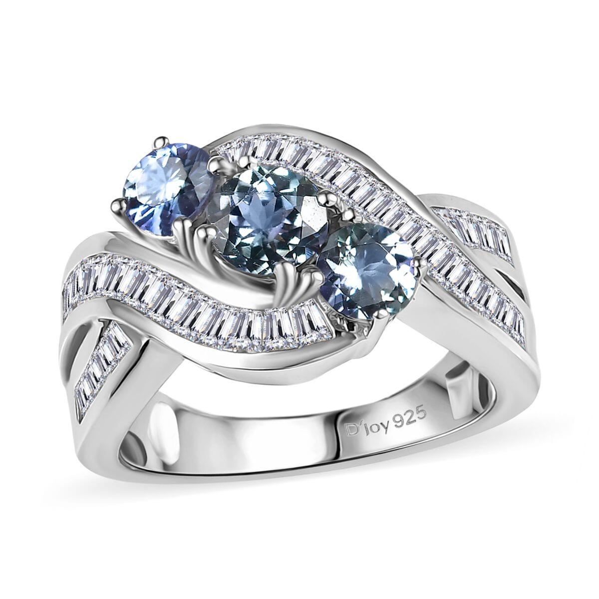 Peacock Tanzanite and White Zircon 2.70 ctw Fluid Wave Ring in Rhodium Over Sterling Silver (Size 9.0) image number 0
