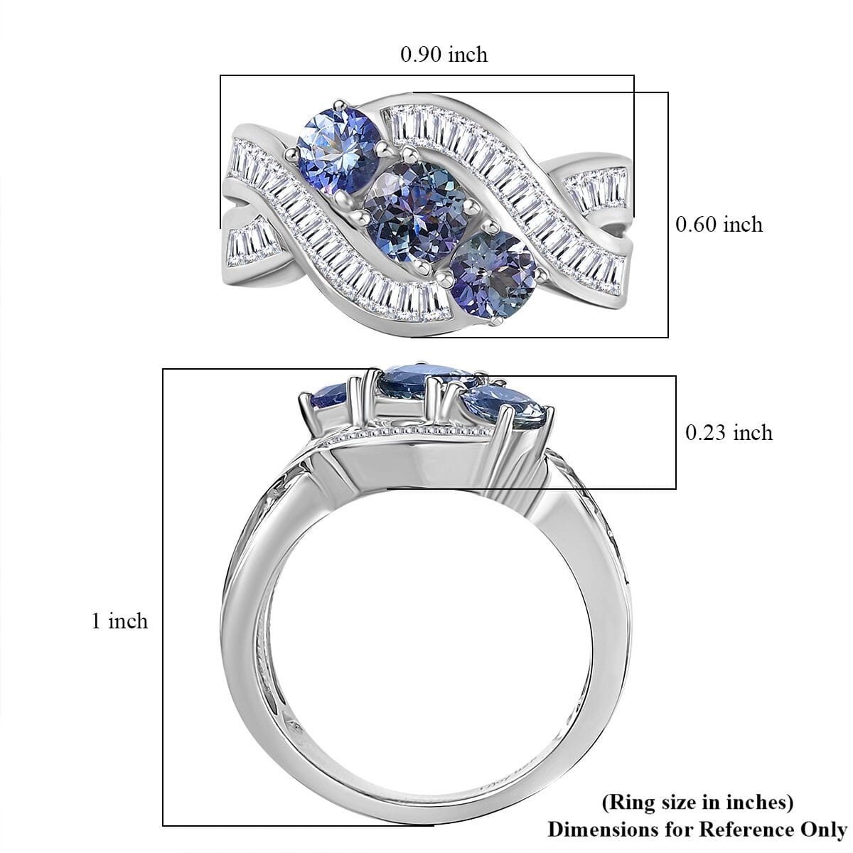 Peacock Tanzanite and White Zircon 2.70 ctw Fluid Wave Ring in Rhodium Over Sterling Silver (Size 9.0) image number 5
