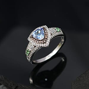 D'Joy Peacock Tanzanite and Multi Gemstone 2.65 ctw Double Halo Ring in Rhodium Over Sterling Silver (Size 7.0)