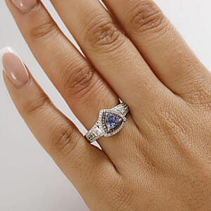 D'Joy Peacock Tanzanite and Multi Gemstone 2.65 ctw Double Halo Ring in Rhodium Over Sterling Silver (Size 7.0)