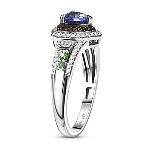 D'Joy Peacock Tanzanite and Multi Gemstone 2.65 ctw Double Halo Ring in Rhodium Over Sterling Silver (Size 7.0)