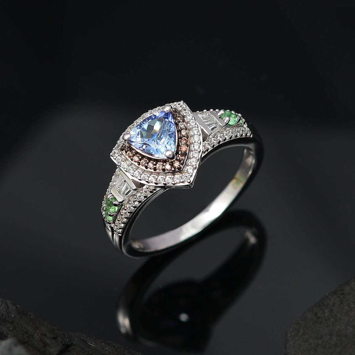 Peacock Tanzanite and Multi Gemstone 2.65 ctw Double Halo Ring in Rhodium Over Sterling Silver (Size 9.0) image number 1