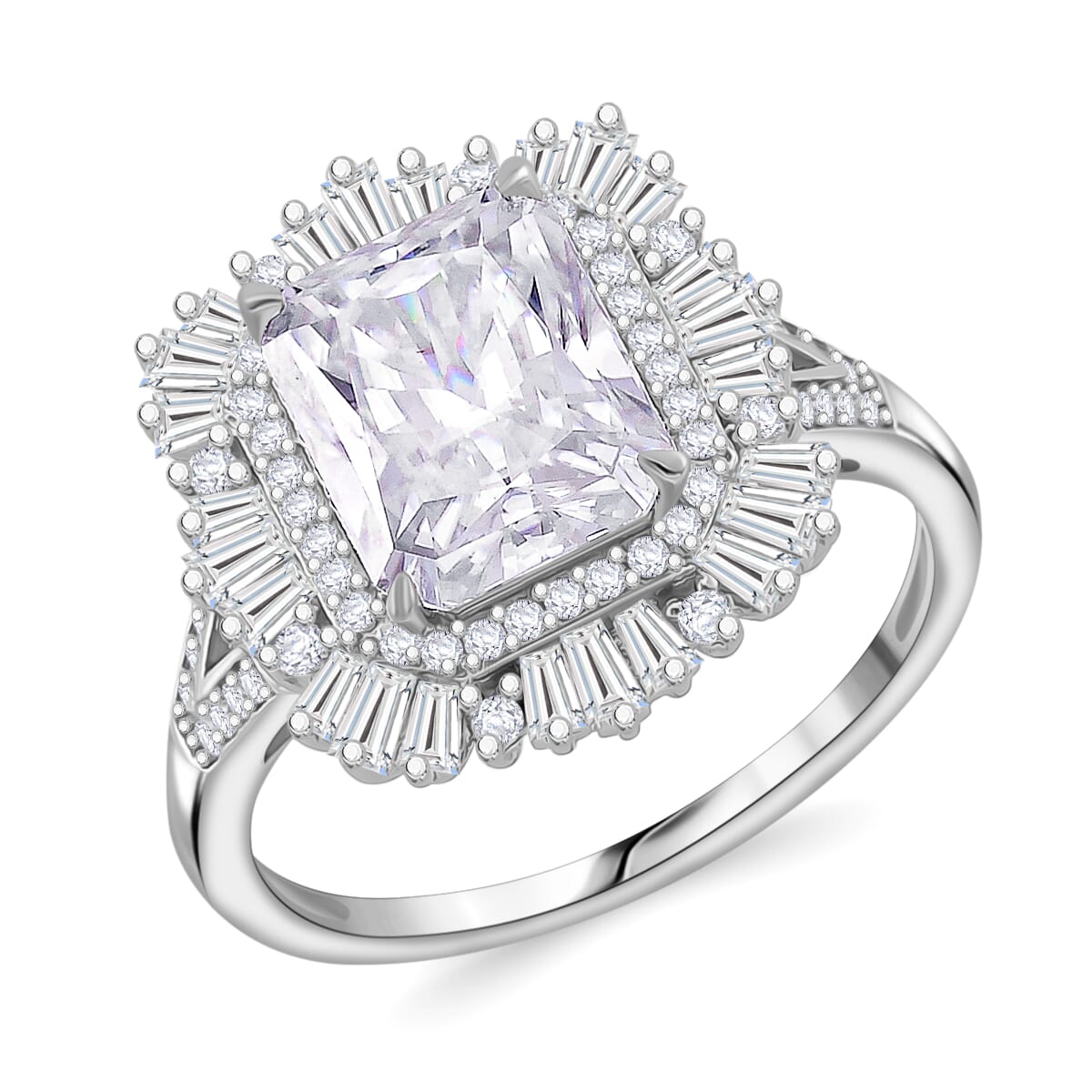 D'Joy Radiant Cut Moissanite 4.40 ctw Art Deco Ring in Rhodium Over Sterling Silver (Size 10.0) image number 0