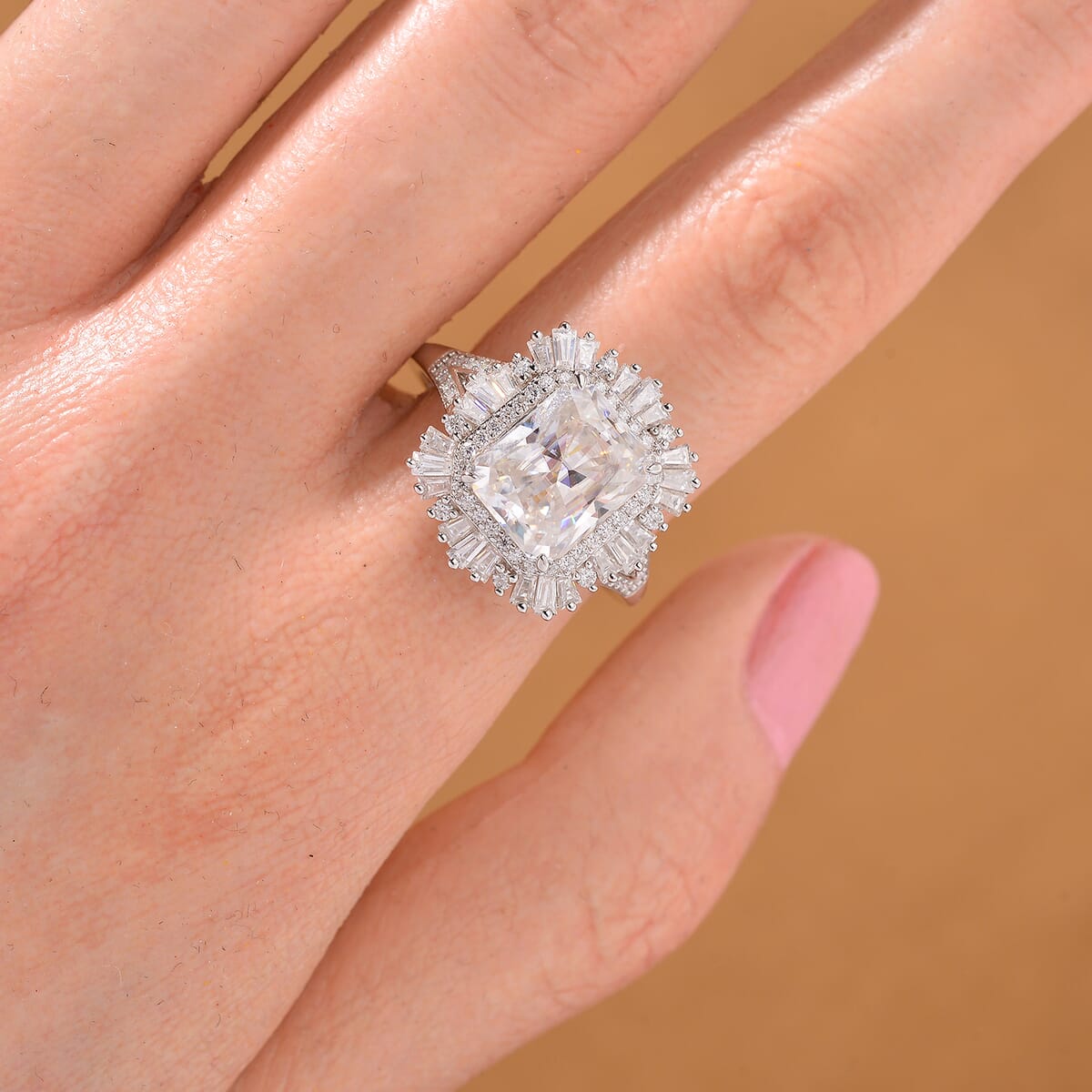 D'Joy Radiant Cut Moissanite 4.40 ctw Art Deco Ring in Rhodium Over Sterling Silver (Size 10.0) image number 1