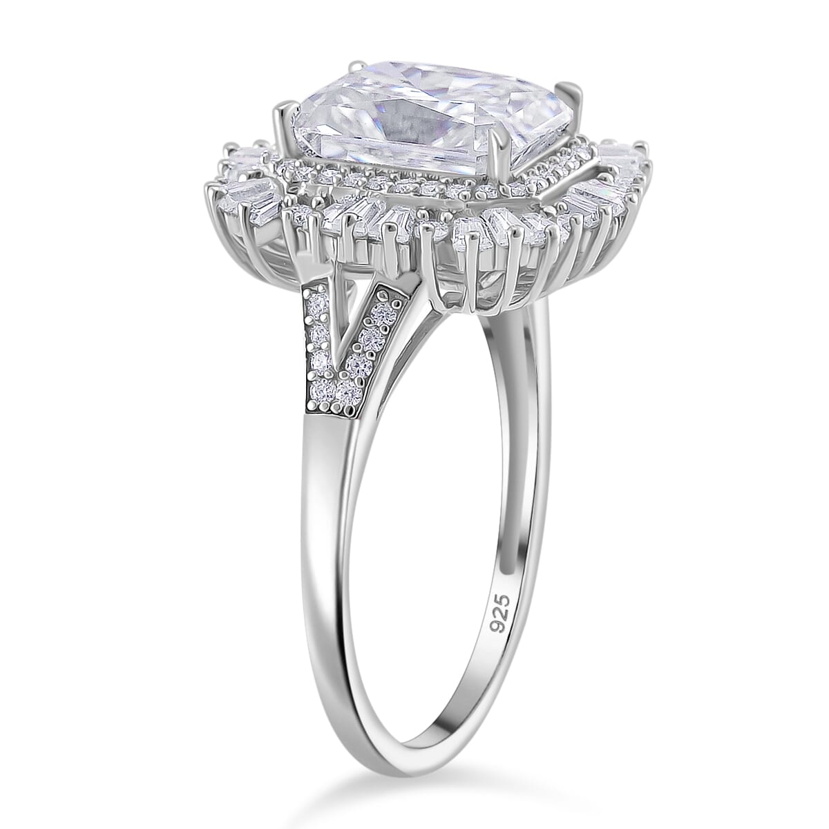 D'Joy Radiant Cut Moissanite 4.40 ctw Art Deco Ring in Rhodium Over Sterling Silver (Size 10.0) image number 2