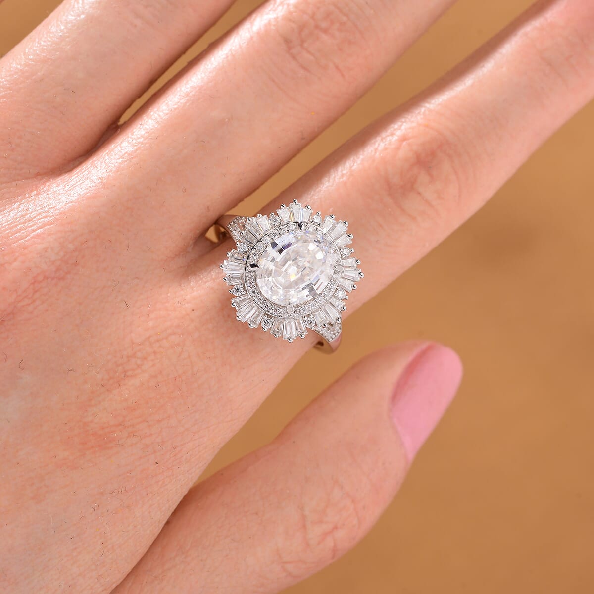 D'Joy Step Cut Moissanite 4.35 ctw Art Deco Ring in Rhodium Over Sterling Silver (Size 6.0) image number 1