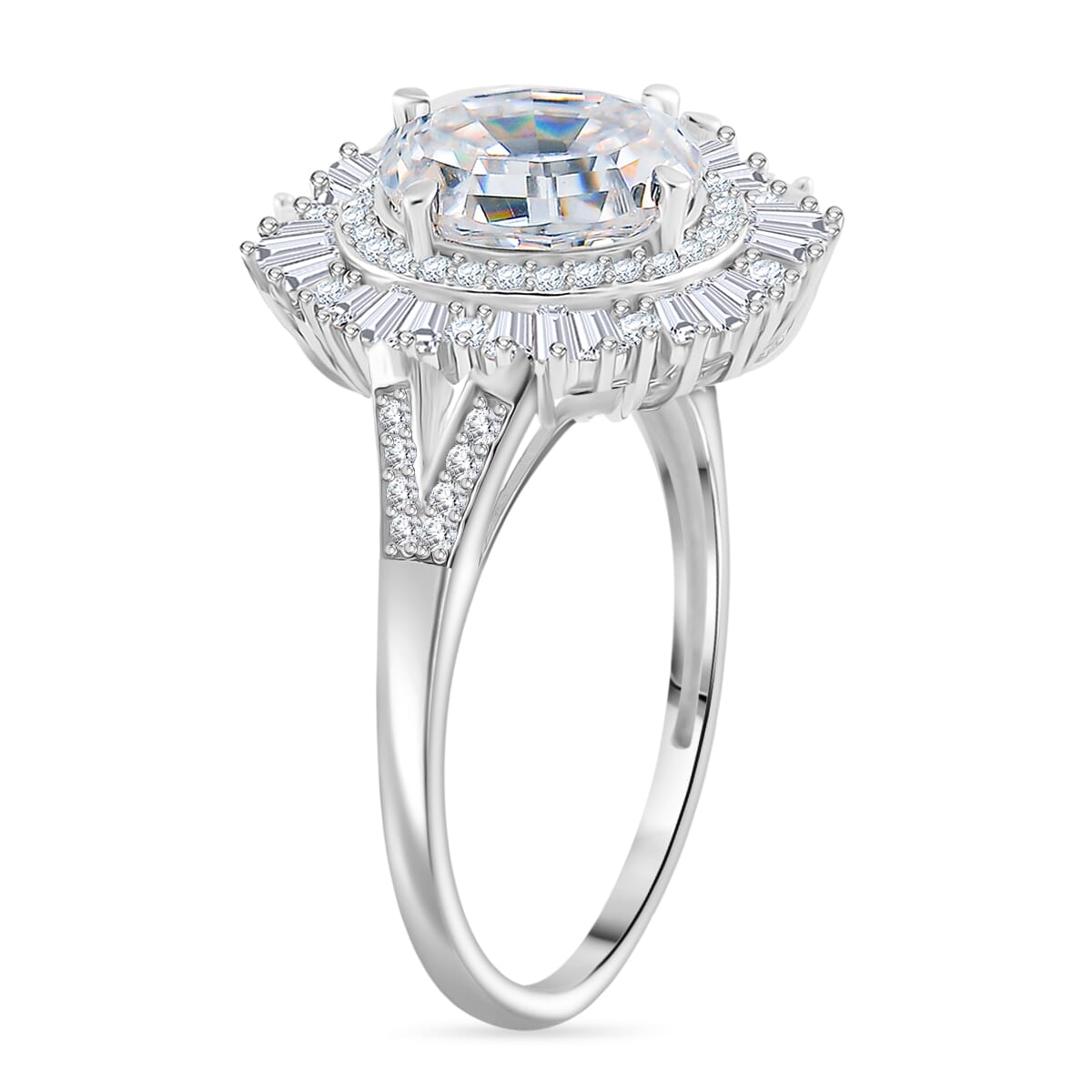 D'Joy Step Cut Moissanite 4.35 ctw Art Deco Ring in Rhodium Over Sterling Silver (Size 6.0) image number 2