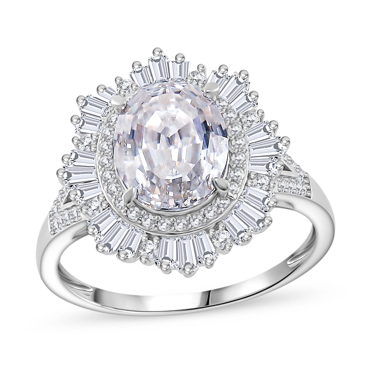 D'Joy Step Cut Moissanite 4.35 ctw Art Deco Ring in Rhodium Over Sterling Silver (Size 7.0) image number 0