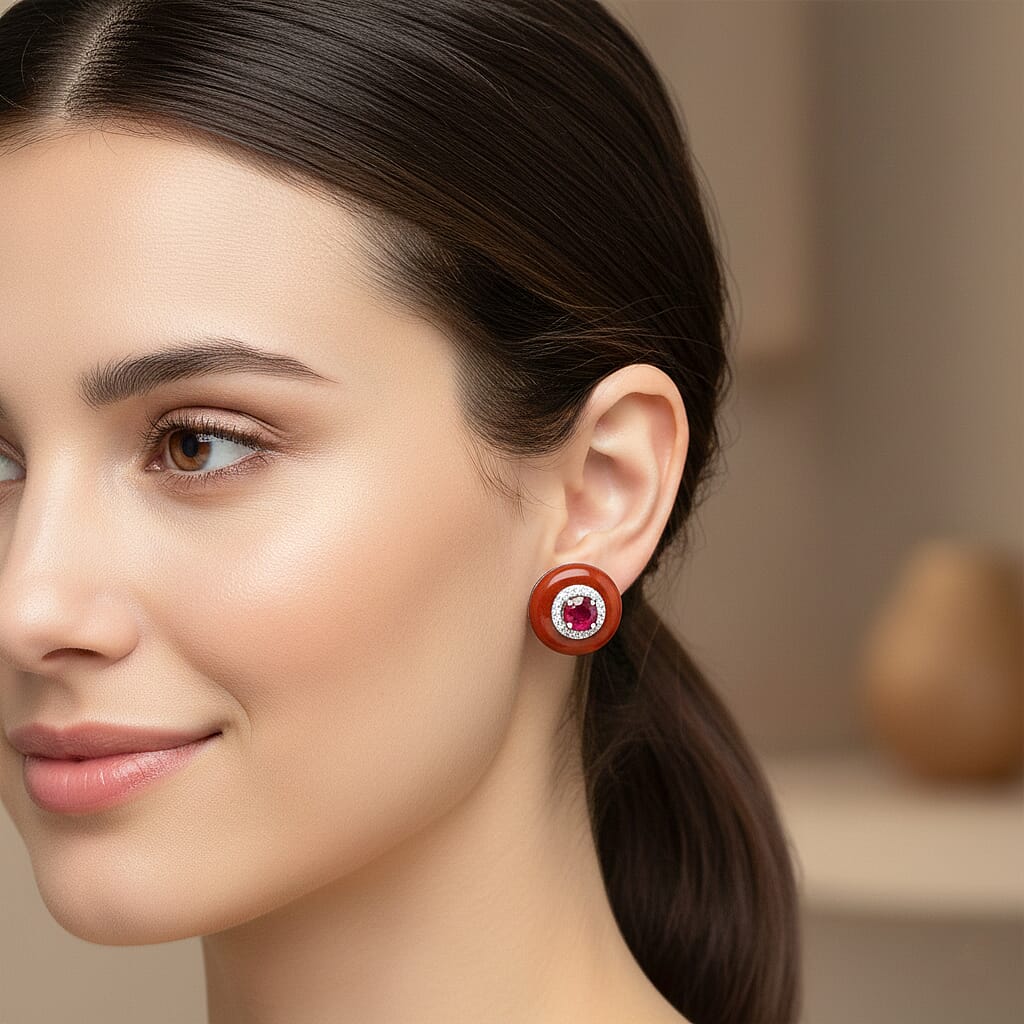 D'Joy Red Jade(D), Multi Gemstone Earrings in Rhodium Over Sterling Silver 11.15 ctw