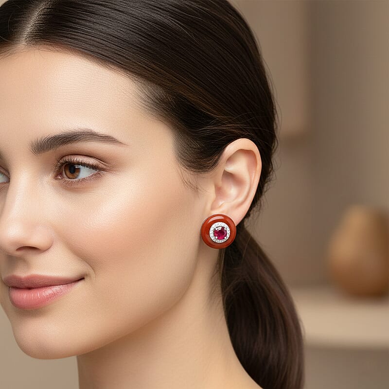 D'Joy Red Jade(D), Multi Gemstone Earrings in Rhodium Over Sterling Silver 11.15 ctw