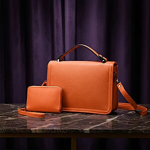 Orange Faux Leather Crossbody Bag with Shoulder Strap and Card Holder