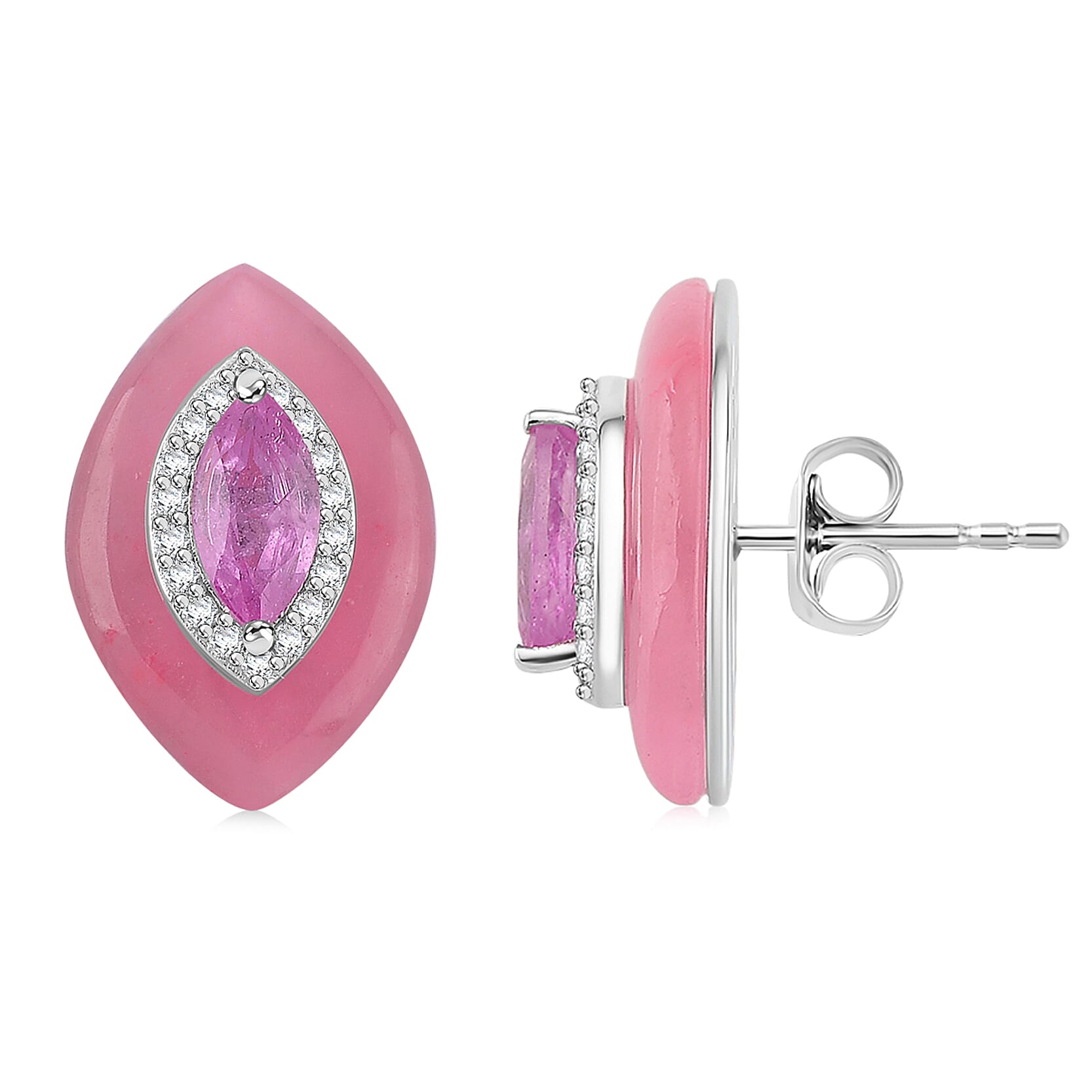 D'Joy Pink Jade(D), Multi Gemstone Victorian Era Earrings in Rhodium Over Sterling Silver 15.00 ctw