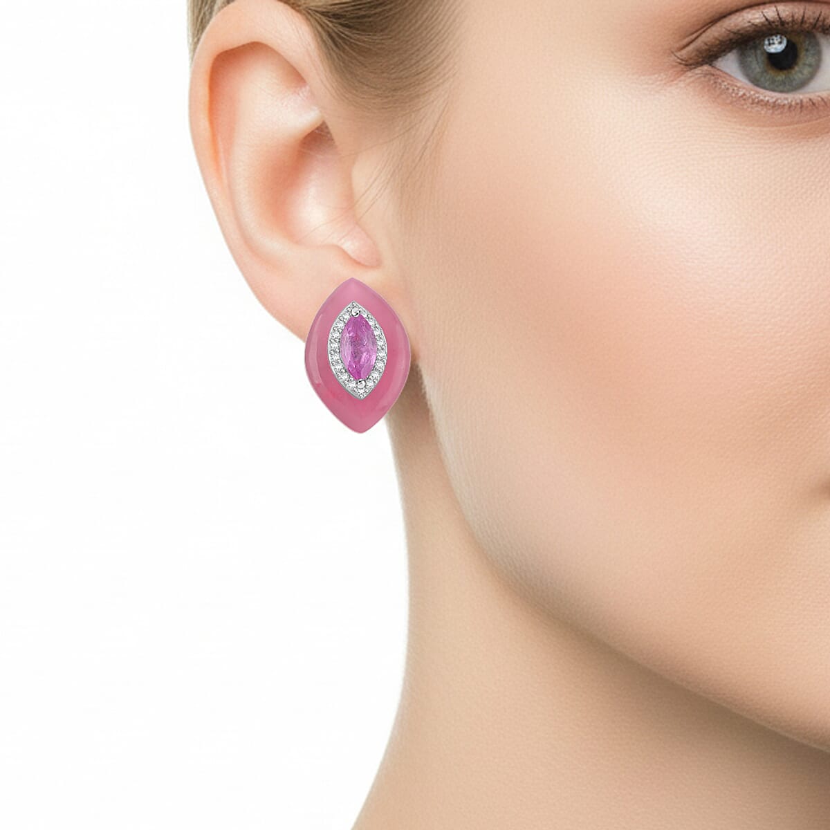 D'Joy Pink Jade(D), Multi Gemstone Victorian Era Earrings in Rhodium Over Sterling Silver 15.00 ctw image number 2
