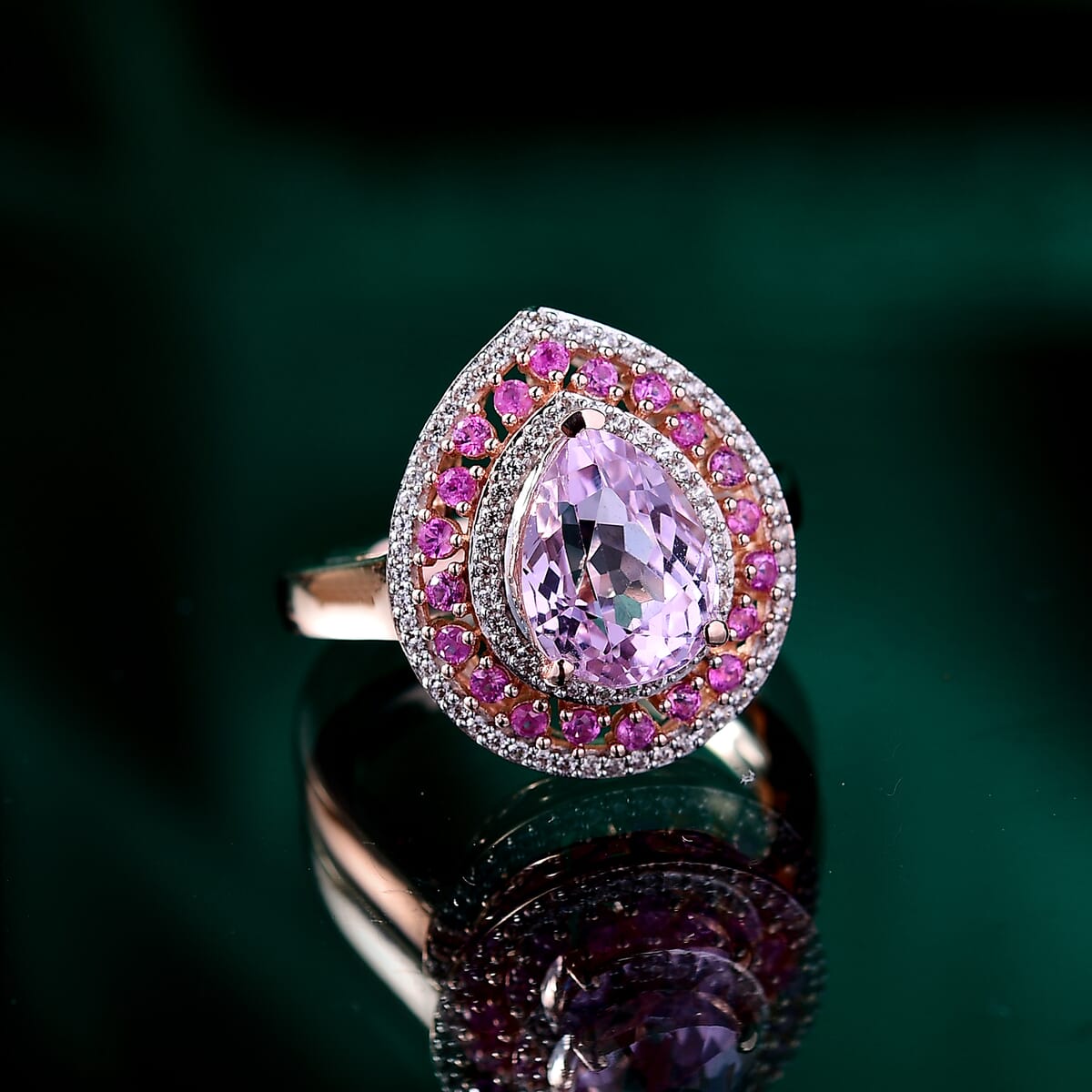 Premium Martha Rocha Kunzite and Multi Gemstone 4.15 ctw Dewdrop Ring in 18K Vermeil Rose Gold Over Sterling Silver (Size 7.0) image number 1