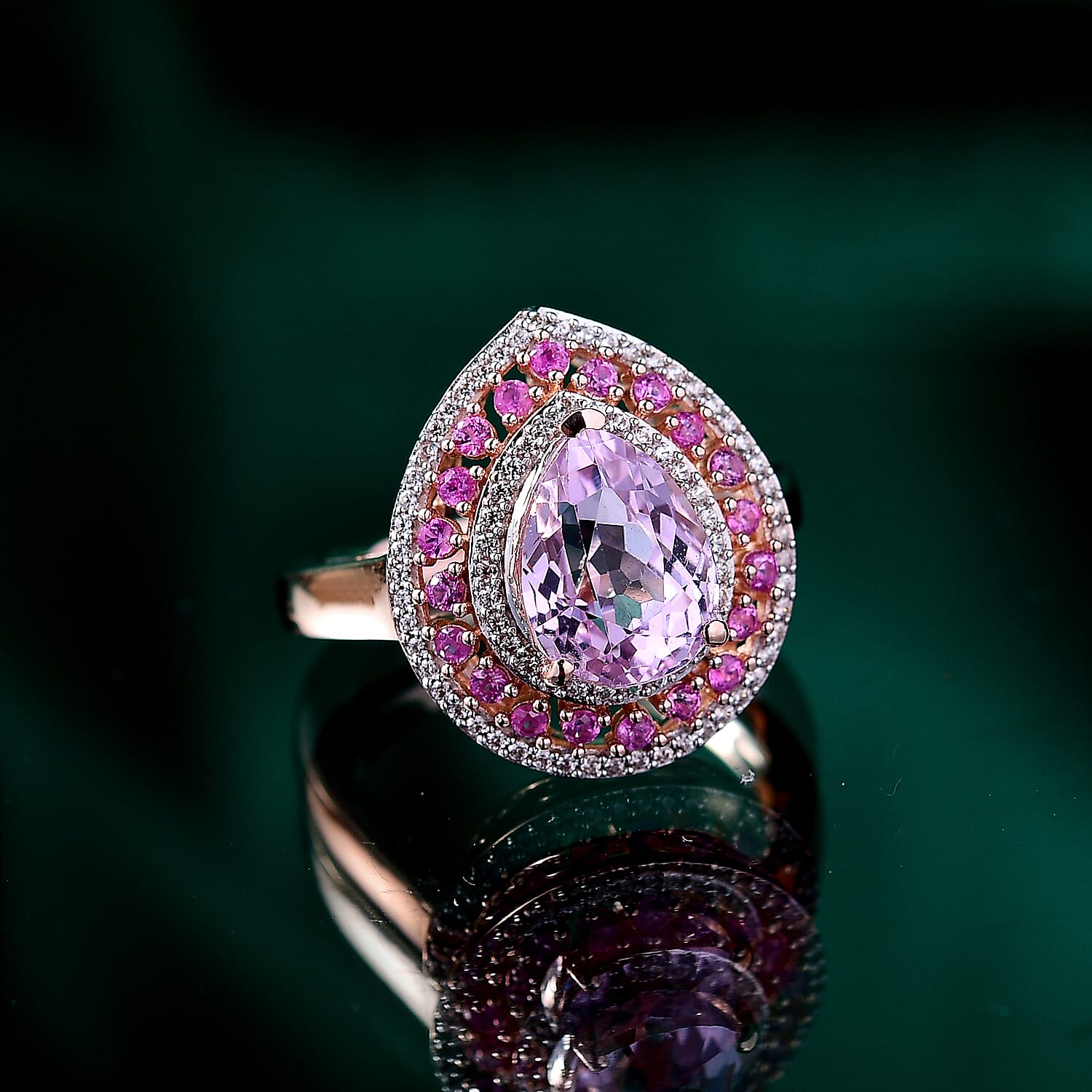 Martha Rocha Kunzite and Multi Gemstone 3.10 ctw Ring in 18K Vermeil Rose Gold Over Sterling Silver (Size 6.0)