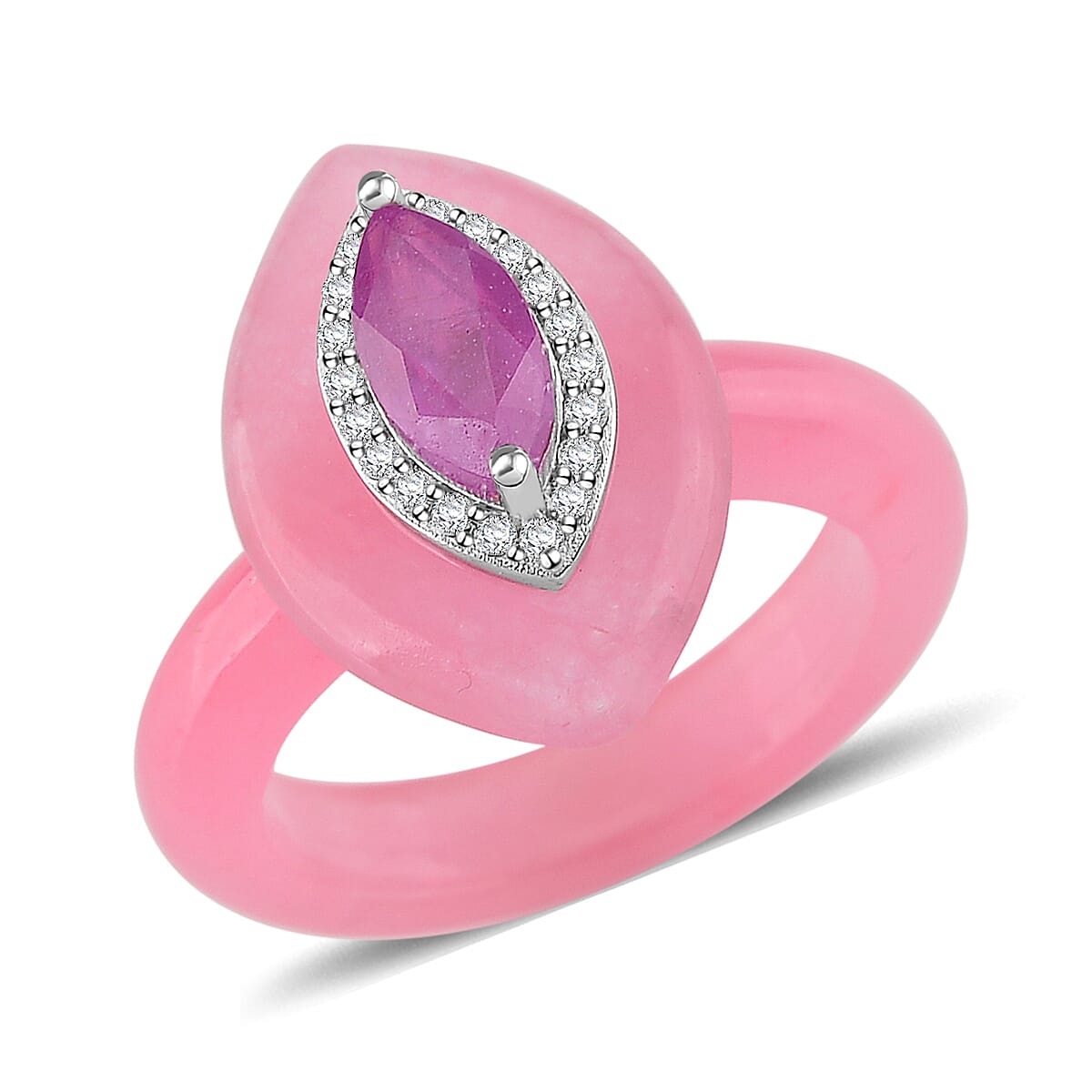 D'Joy Pink Jade, Multi Gemstone Ring in Rhodium Over Sterling Silver 19.75 ctw (Size 10.0)