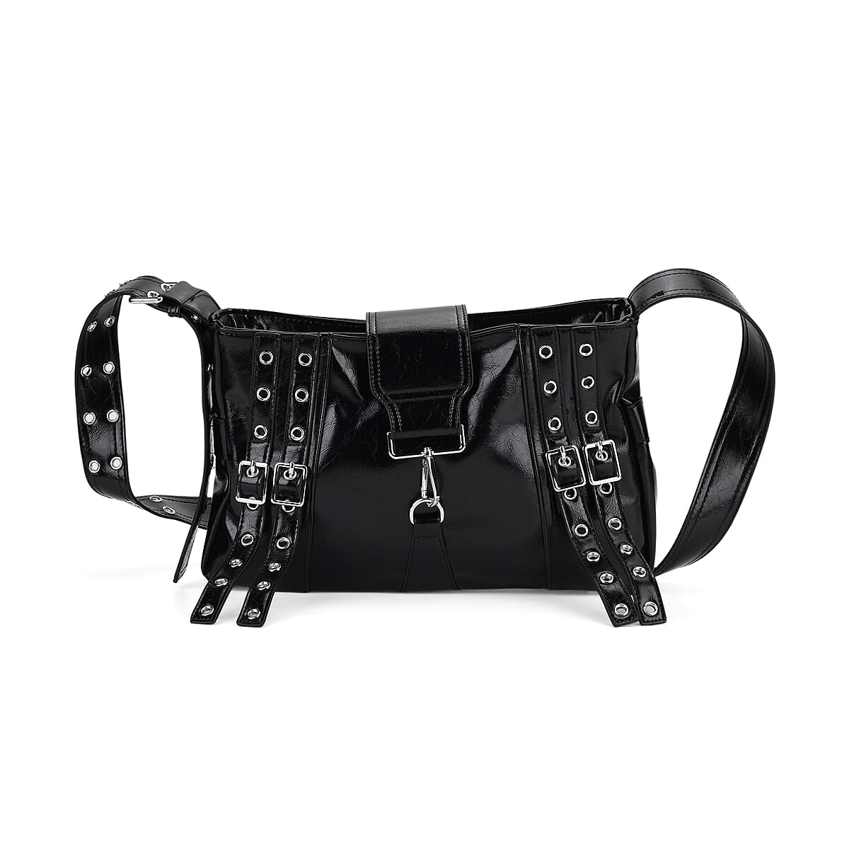 Black Faux Leather Punk Crossbody Bag with Shoulder Strap  image number 0