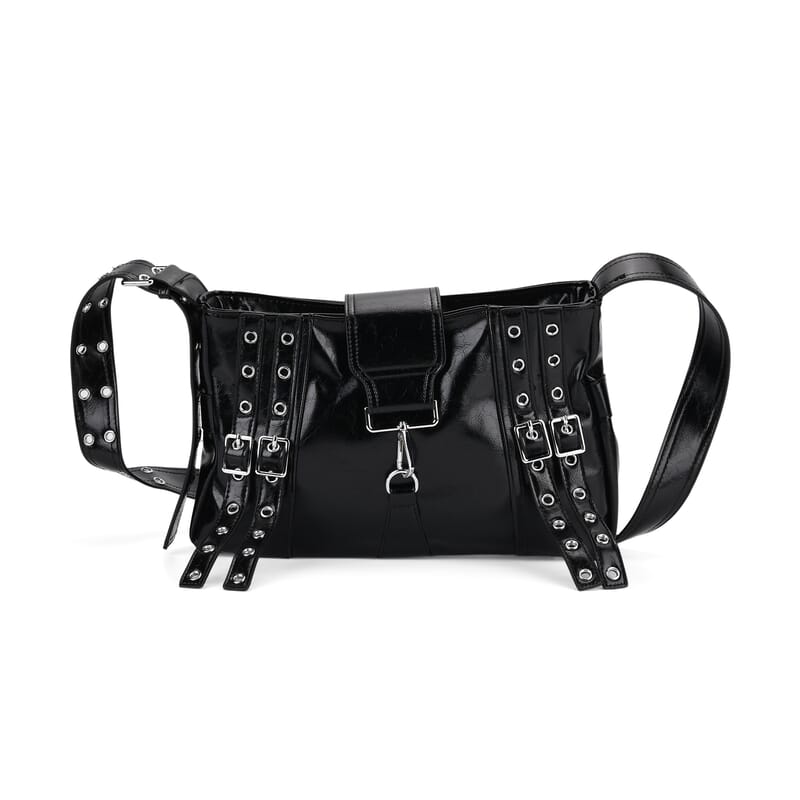 Black Faux Leather Punk Crossbody Bag with Shoulder Strap