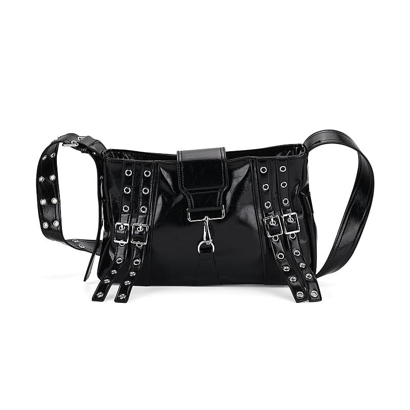 Black Faux Leather Punk Crossbody Bag with Shoulder Strap