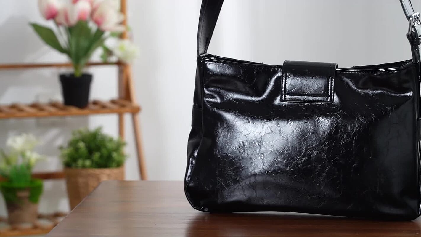 Black Faux Leather Punk Crossbody Bag (14.17"x3.15"x9.45") with Shoulder Strap