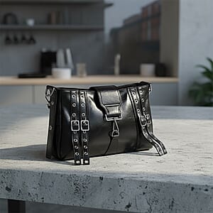 Black Faux Leather Punk Crossbody Bag with Shoulder Strap 