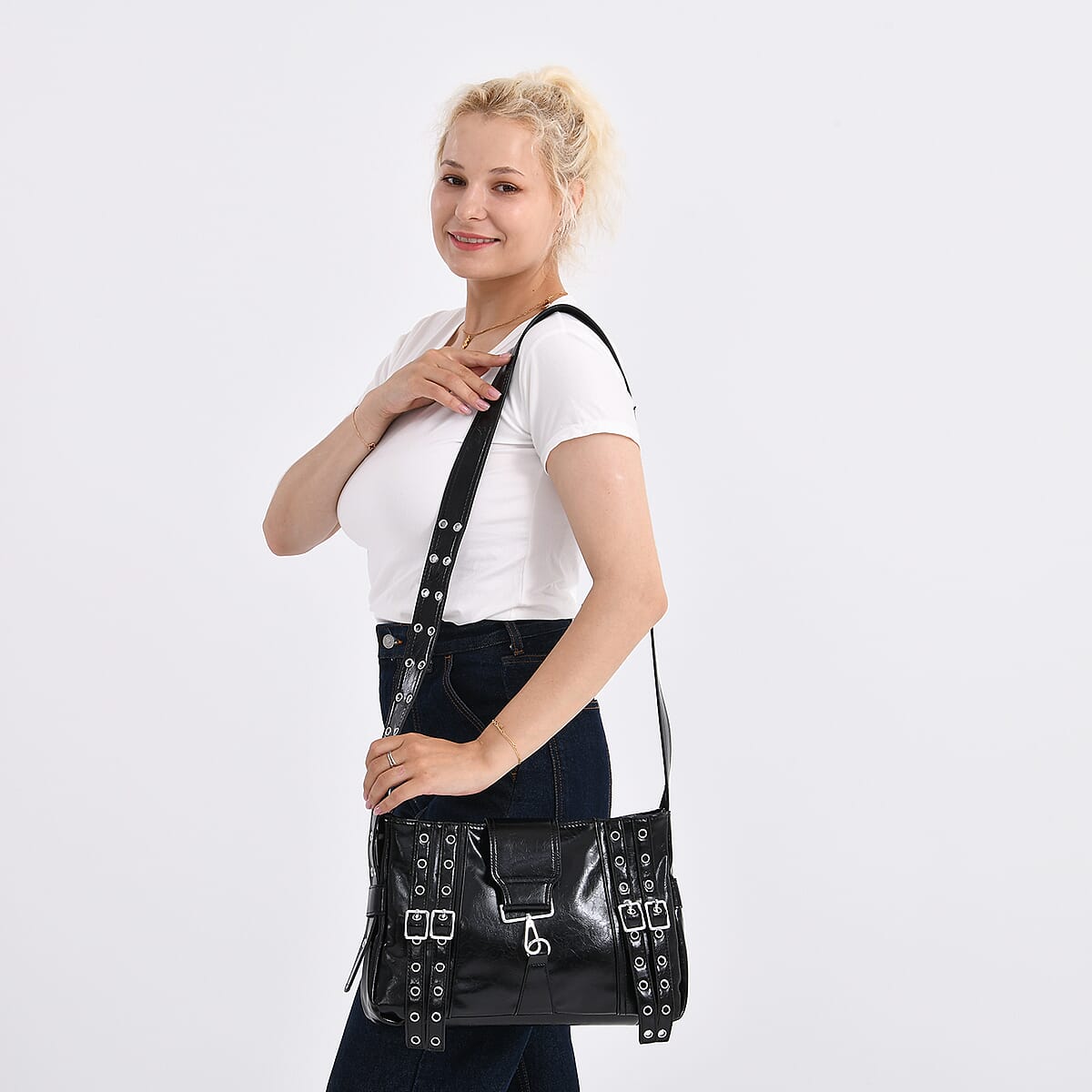 Black Faux Leather Punk Crossbody Bag with Shoulder Strap  image number 2