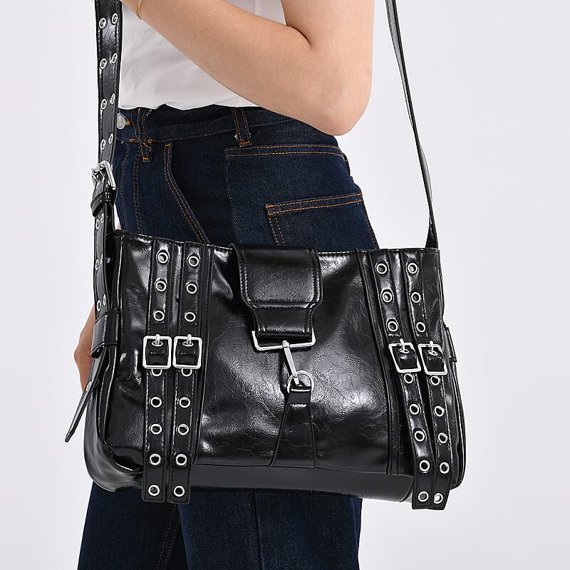 Black Faux Leather Punk Crossbody Bag with Shoulder Strap