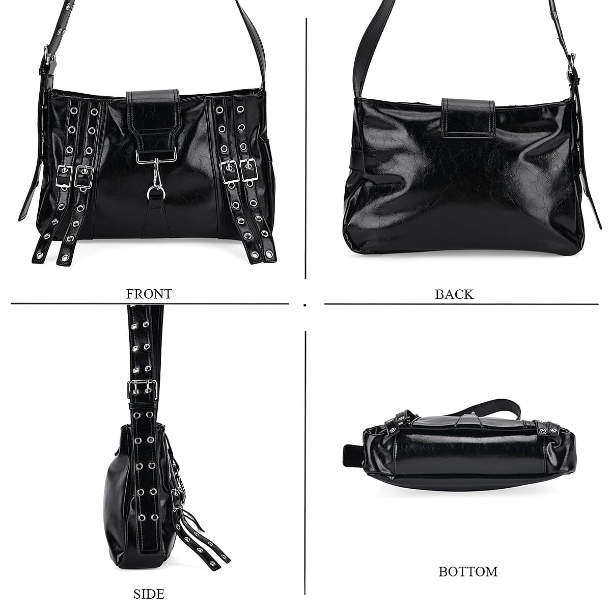 Black Faux Leather Punk Crossbody Bag with Shoulder Strap  image number 4