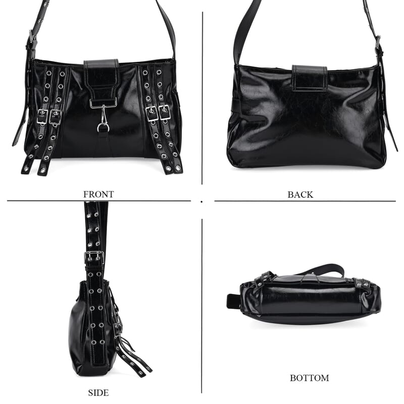 Black Faux Leather Punk Crossbody Bag with Shoulder Strap