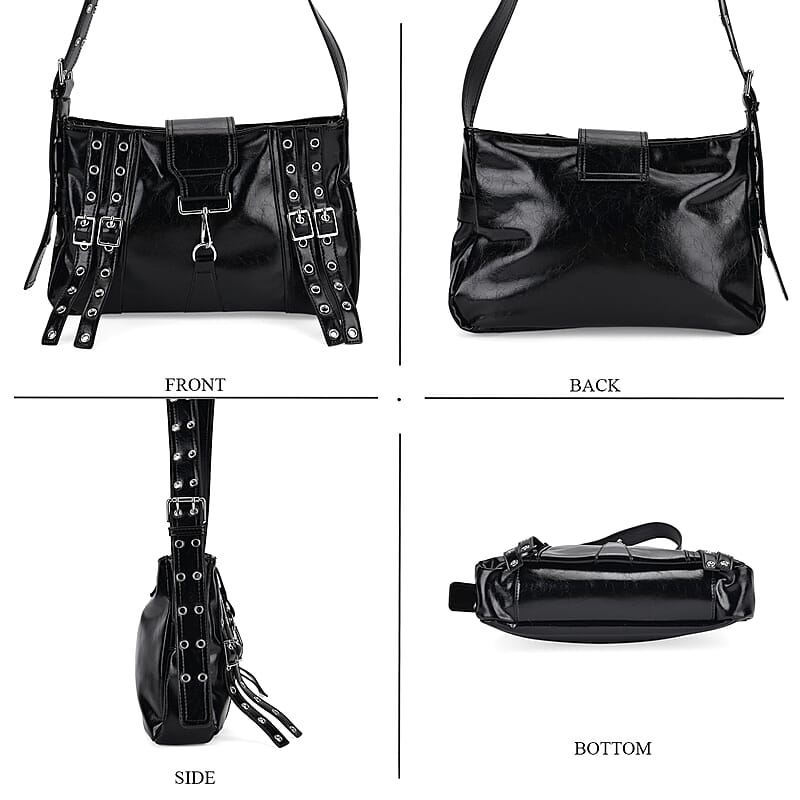 Black Faux Leather Punk Crossbody Bag with Shoulder Strap