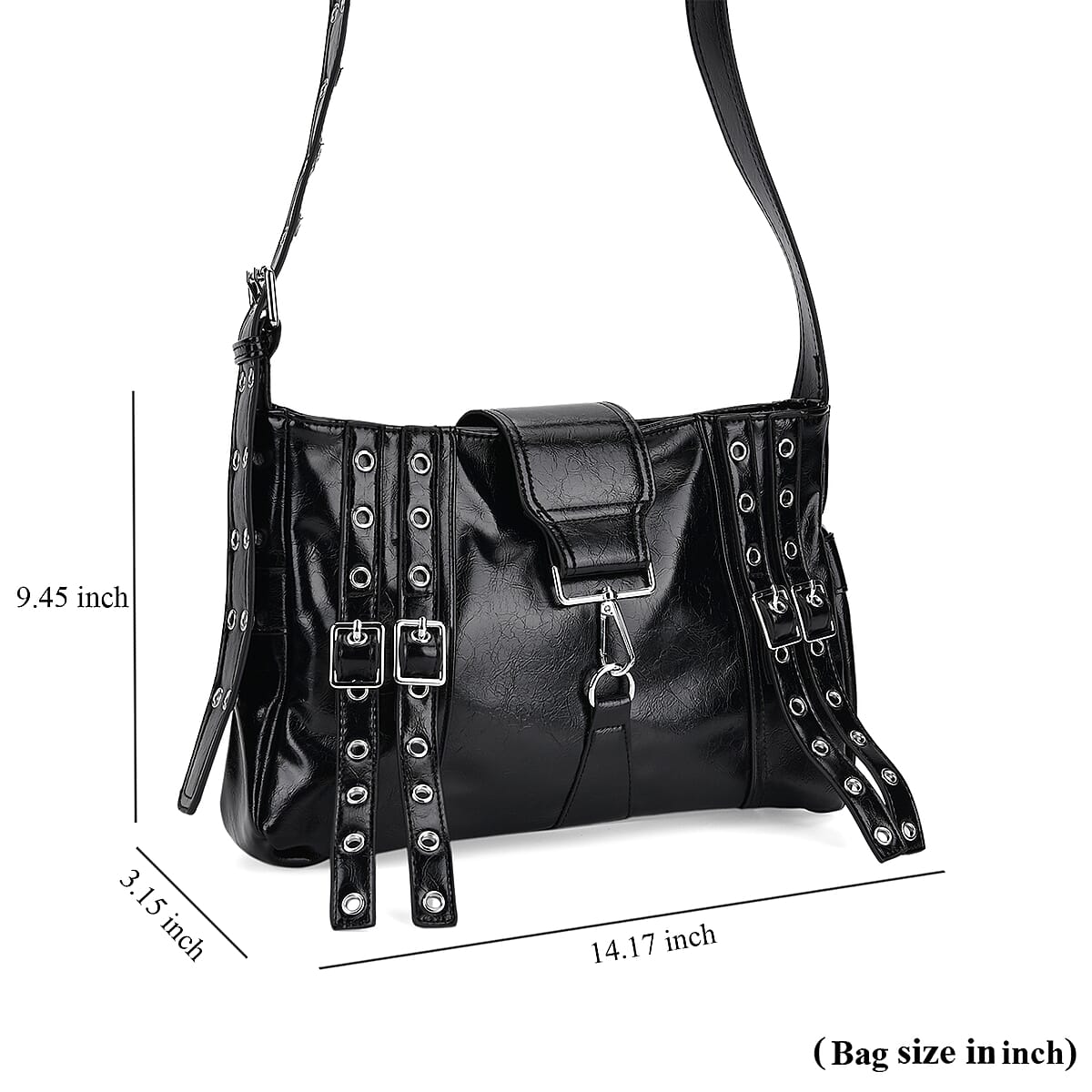 Black Faux Leather Punk Crossbody Bag with Shoulder Strap  image number 7
