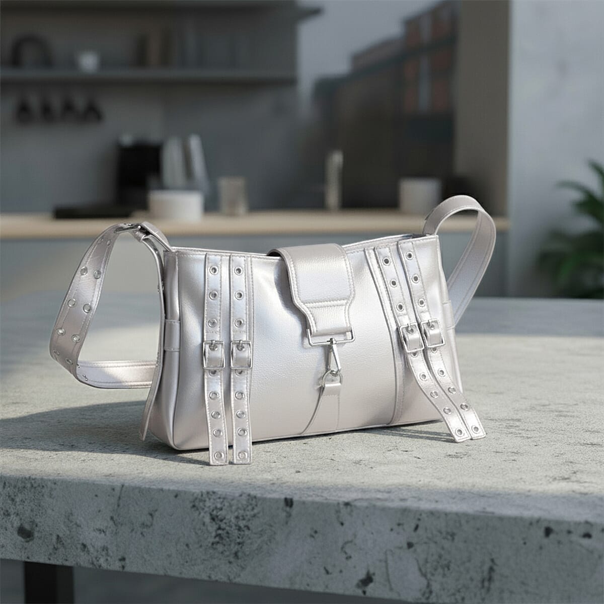 Silver Faux Leather Punk Crossbody Bag with Shoulder Strap  image number 1