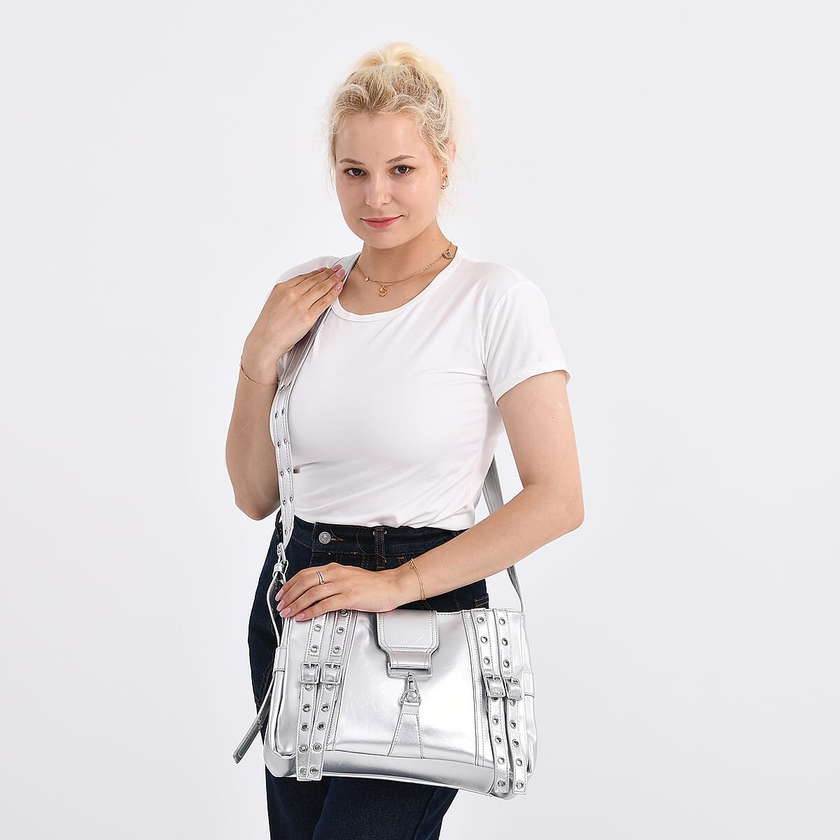 Silver Faux Leather Punk Crossbody Bag with Shoulder Strap  image number 2
