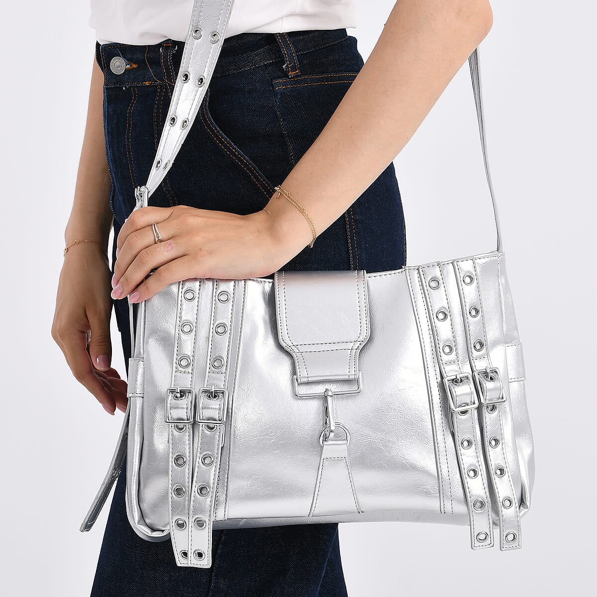 Silver Faux Leather Punk Crossbody Bag with Shoulder Strap  image number 3
