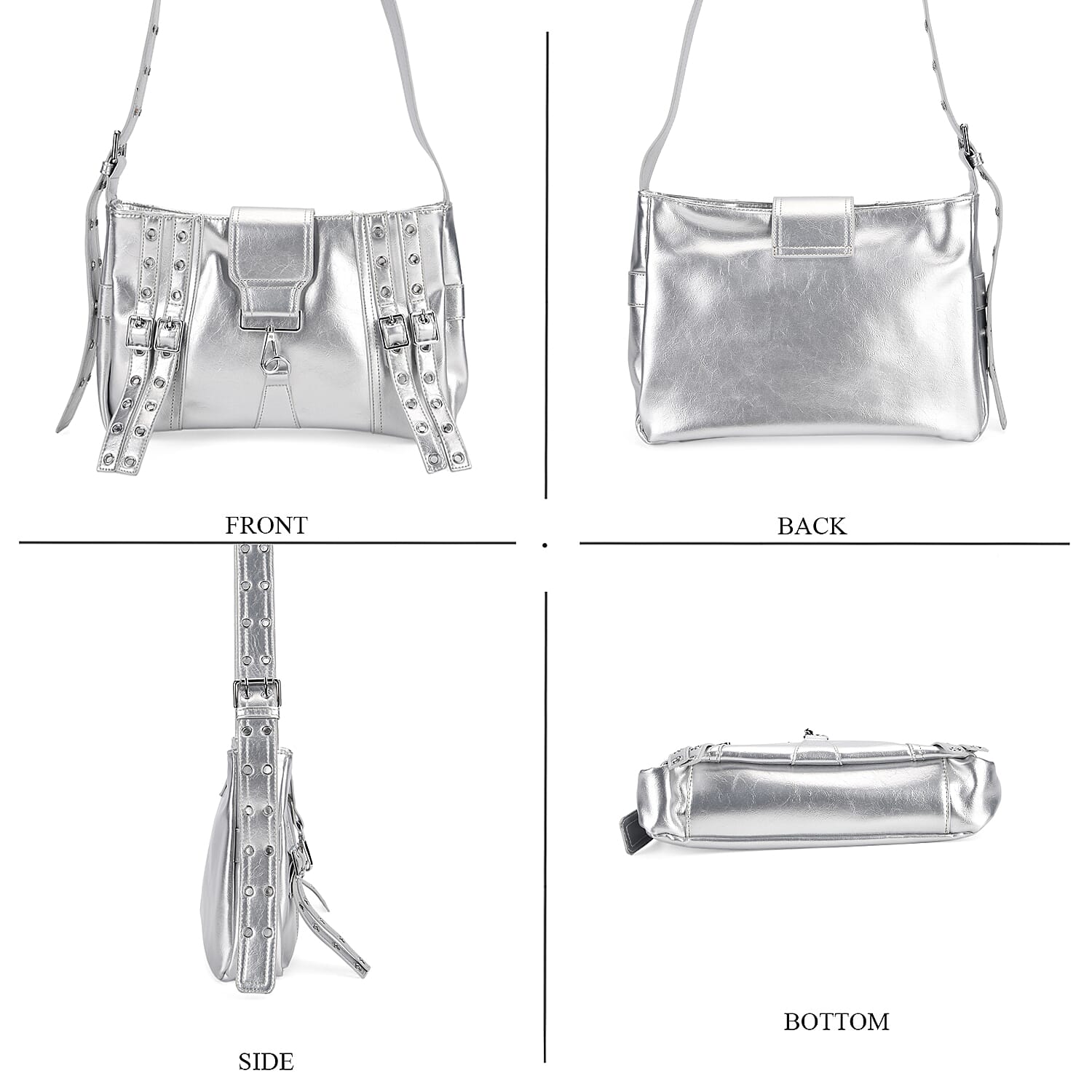 Silver Faux Leather Punk Crossbody Bag with Shoulder Strap