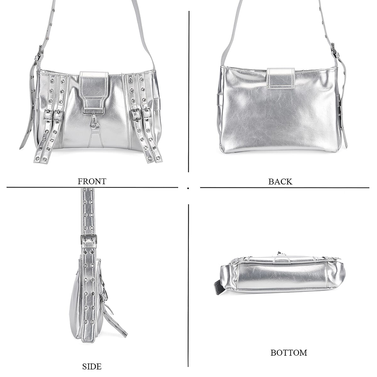 Silver Faux Leather Punk Crossbody Bag with Shoulder Strap  image number 4