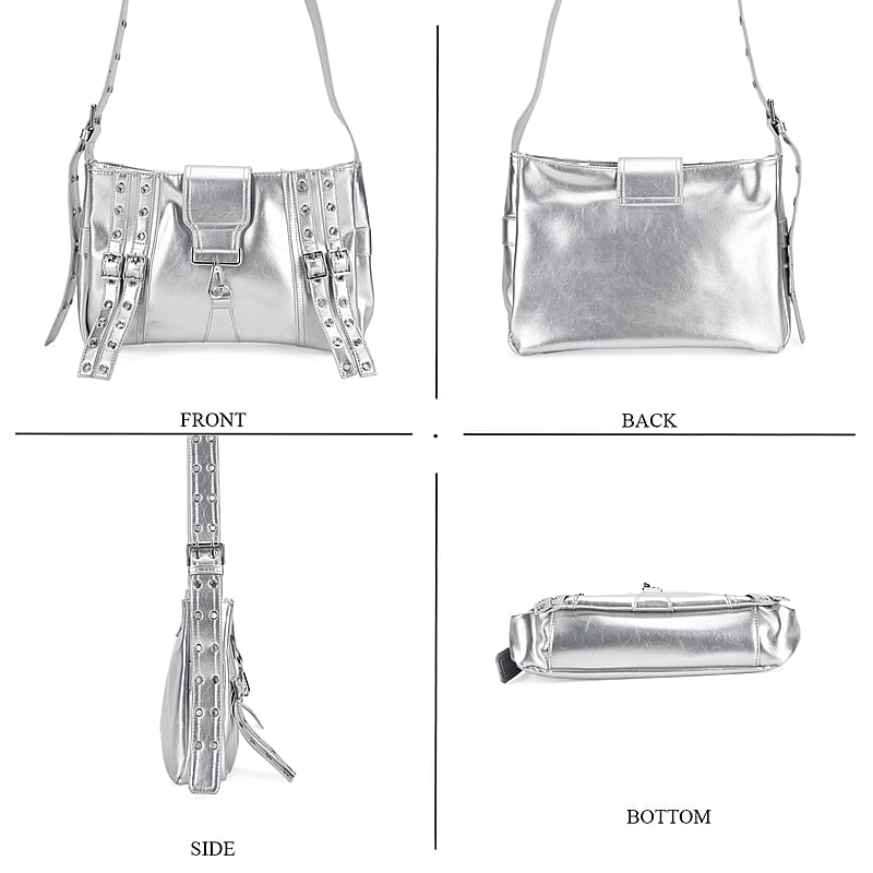 Silver Faux Leather Punk Crossbody Bag with Shoulder Strap