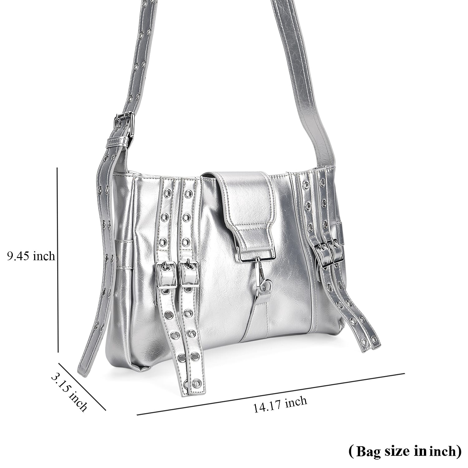 Silver Faux Leather Punk Crossbody Bag with Shoulder Strap