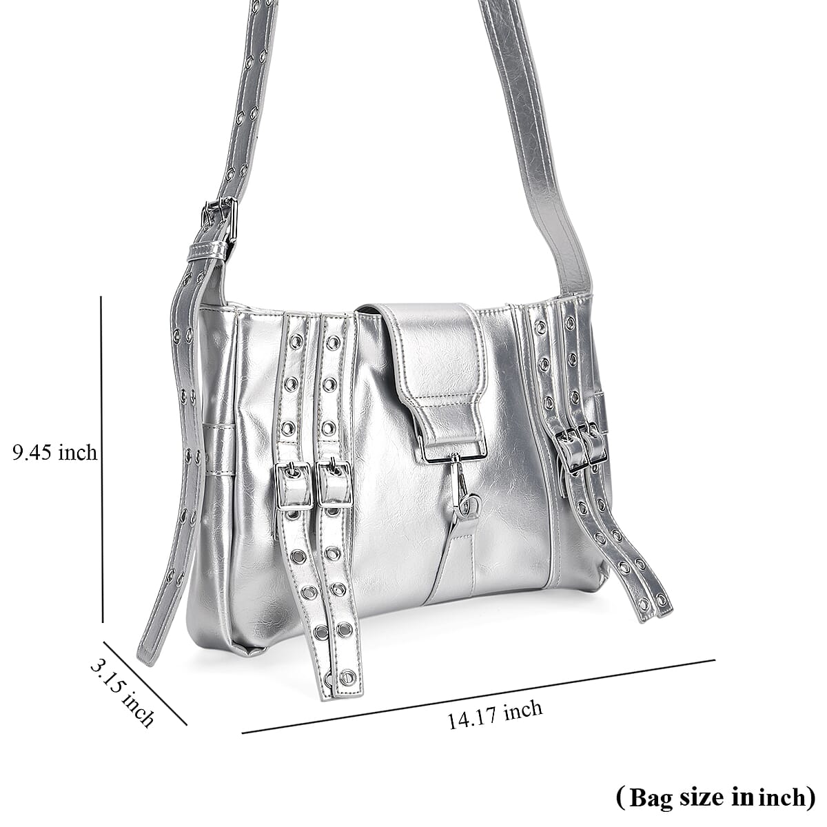 Silver Faux Leather Punk Crossbody Bag with Shoulder Strap  image number 7