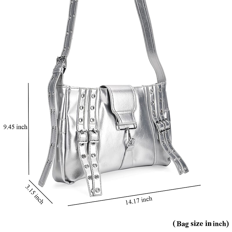 Silver Faux Leather Punk Crossbody Bag with Shoulder Strap