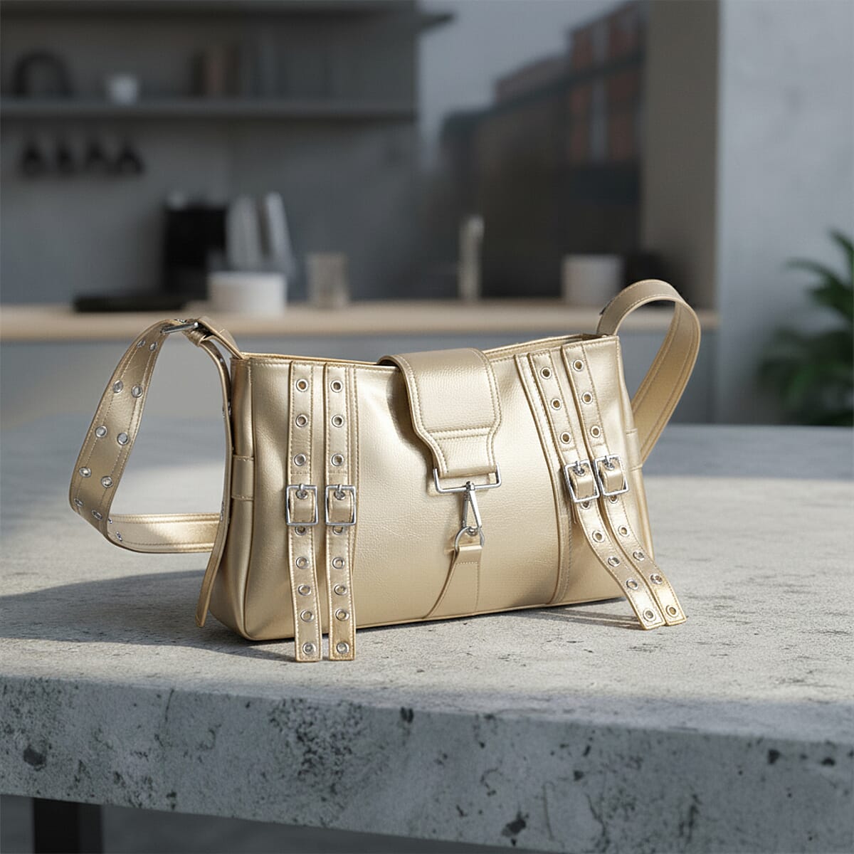 Gold Faux Leather Punk Crossbody Bag with Shoulder Strap  image number 1