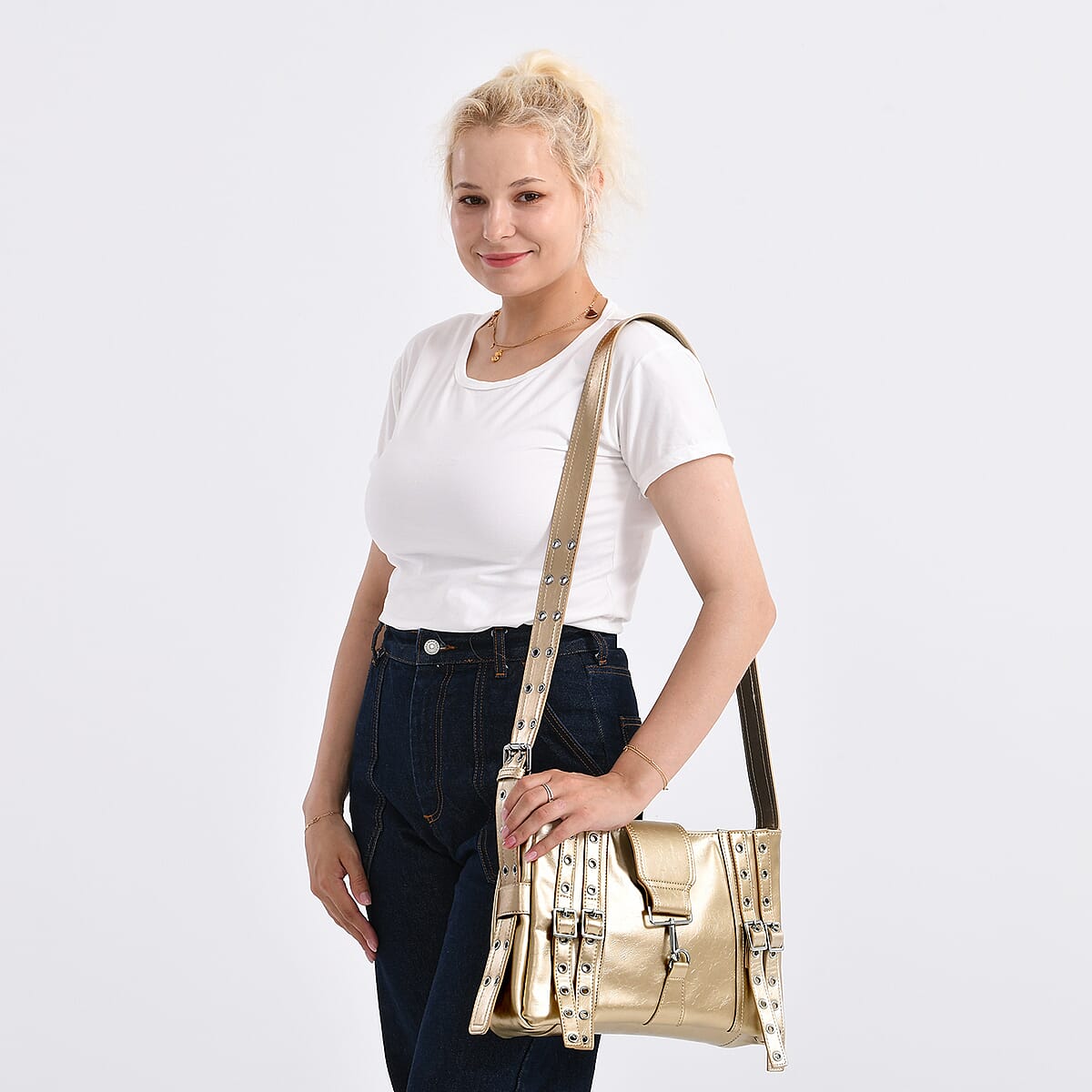 Gold Faux Leather Punk Crossbody Bag with Shoulder Strap  image number 2