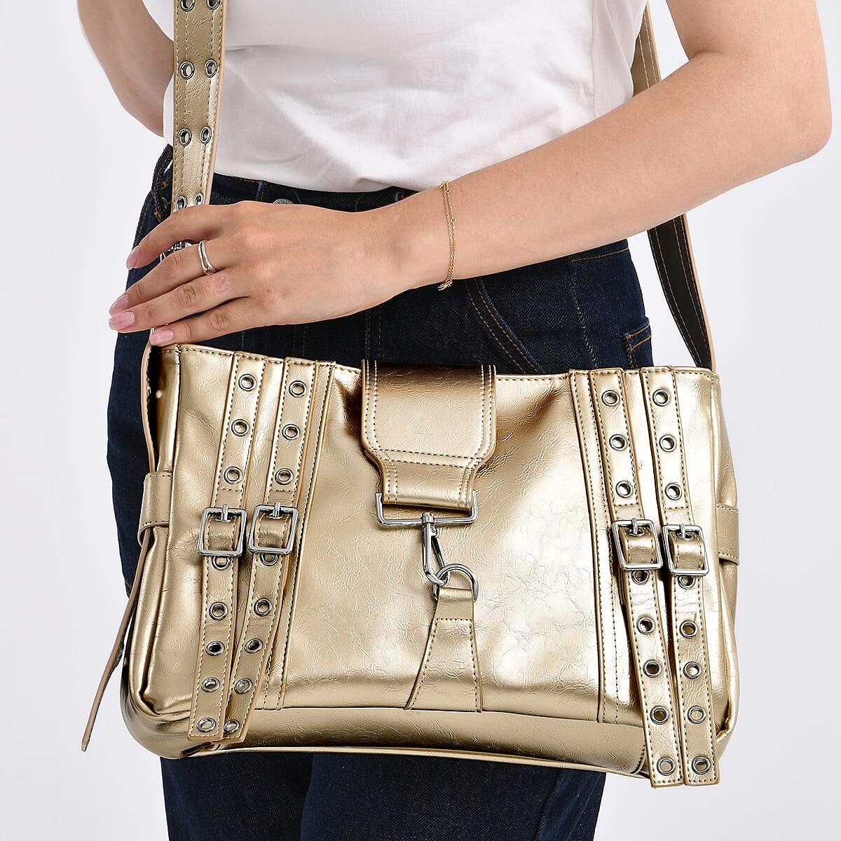Gold Faux Leather Punk Crossbody Bag with Shoulder Strap  image number 3