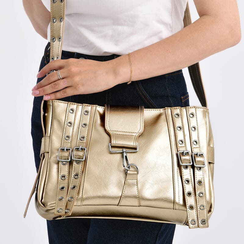Gold Faux Leather Punk Crossbody Bag with Shoulder Strap