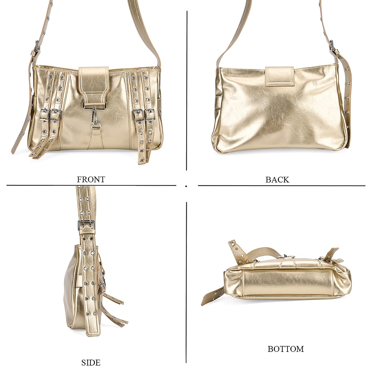 Gold Faux Leather Punk Crossbody Bag with Shoulder Strap  image number 4