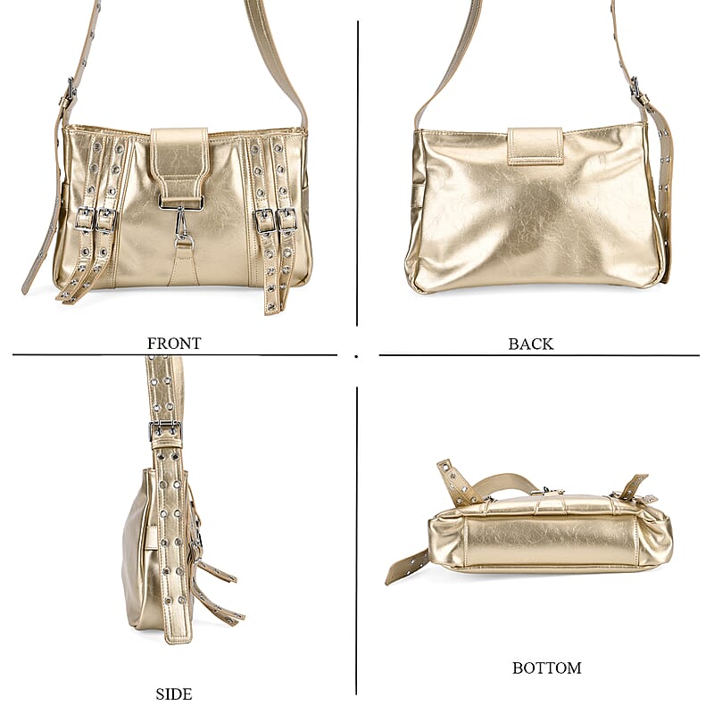 Gold Faux Leather Punk Crossbody Bag with Shoulder Strap