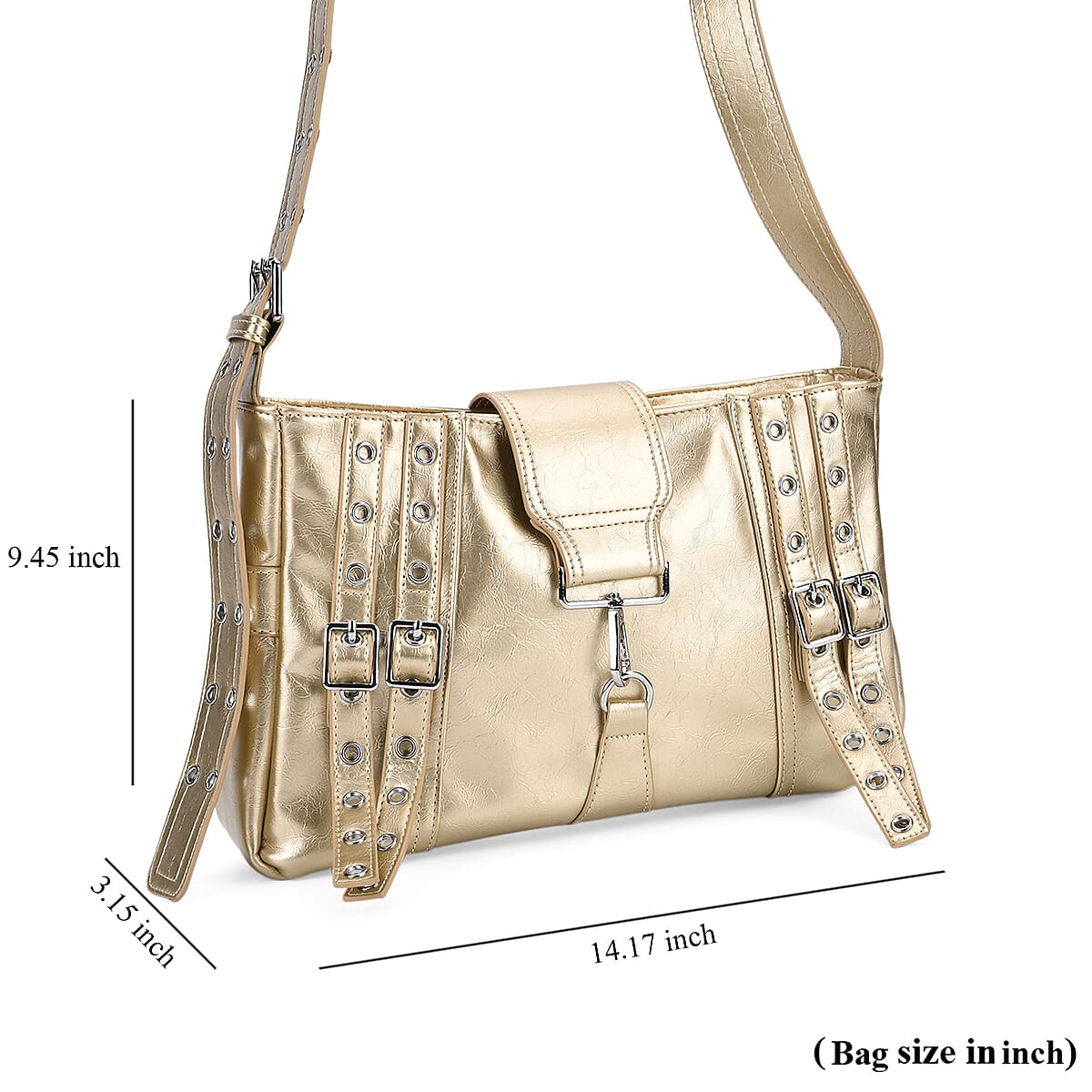 Gold Faux Leather Punk Crossbody Bag with Shoulder Strap  image number 7